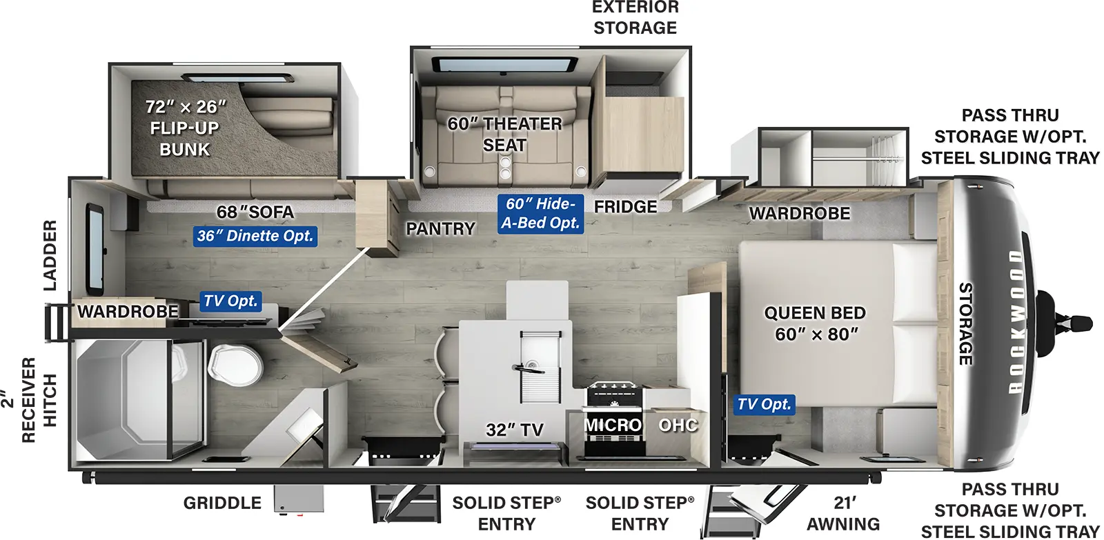 The Rockwood Ultra Lite Travel Trailers 2616BH has two entries and three slide outs. Exterior features include: fiberglass exterior and 21' awning. Interiors features include: bunk beds and front bedroom.